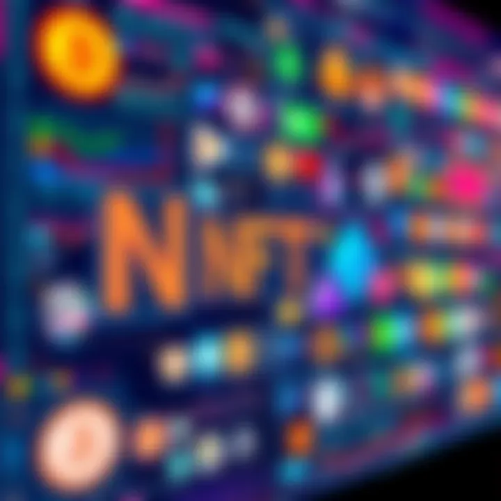 A digital screen displaying colorful non-fungible tokens representing art and games, highlighting their role in ownership and markets.