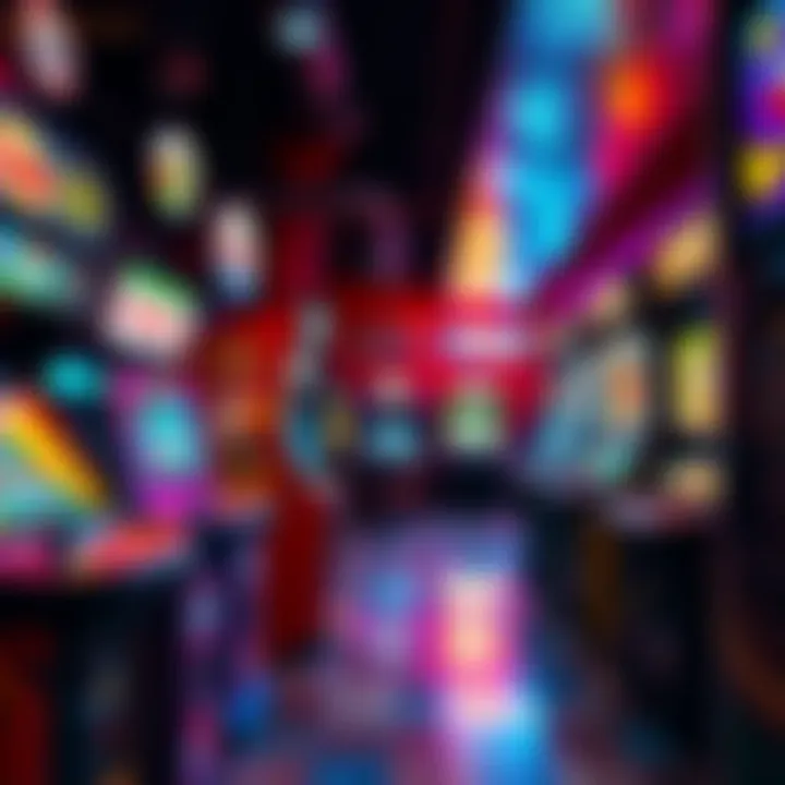 Various arcade game machines with bright screens and colorful designs in a lively arcade atmosphere