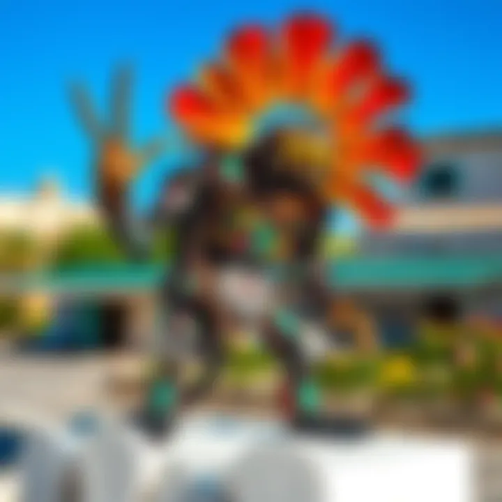 Colorful Creature Sculpture in Salento A vibrant sculpture of a creature made from recycled metal armor and styrofoam, showcasing creativity and bright colors, set in a picturesque outdoor location in Salento, Italy.