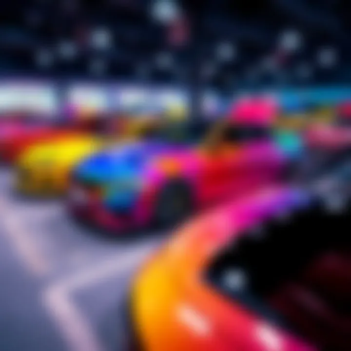 A display of unique custom builds finished with vibrant car wraps in various colors
