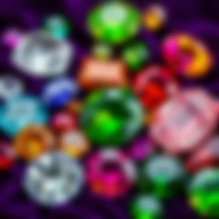 An assortment of colorful gemstones displayed on a velvet background, showcasing different shapes and sizes, inviting people to share their favorite gems.