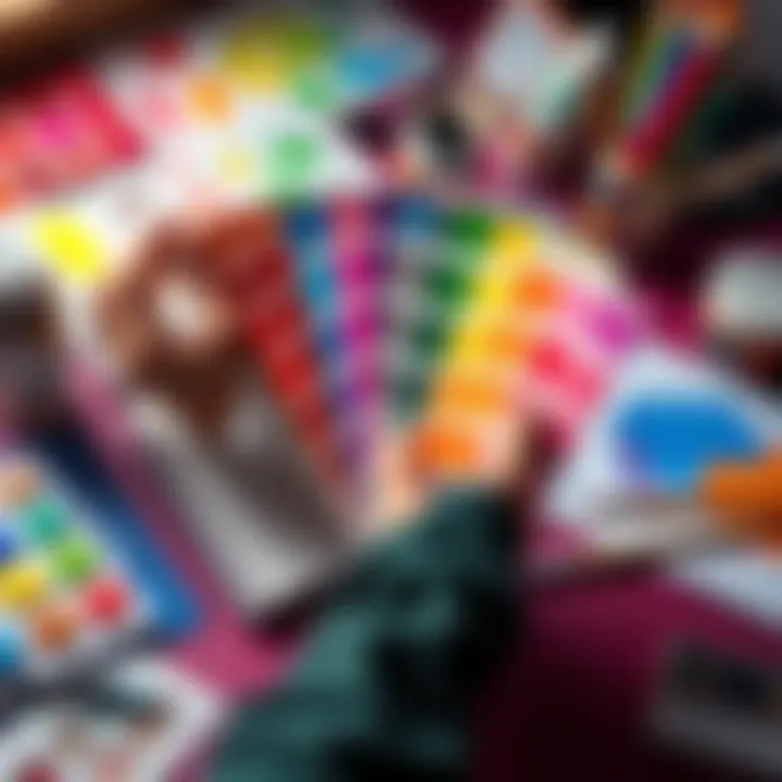 A person holding various colored paint swatches while discussing spending habits, surrounded by colorful art supplies and a notebook, indicating a financial discussion about colors and personal intere...