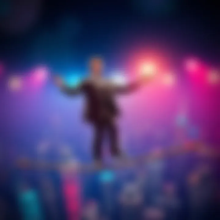 Comedian on a Tightrope A comedian balancing on a tightrope, showcasing the challenges of humor sharing in online forums