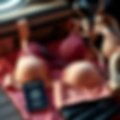 A selection of comfortable, wire-free bras suitable for long-distance travel, displayed with travel essentials like a suitcase and passport.
