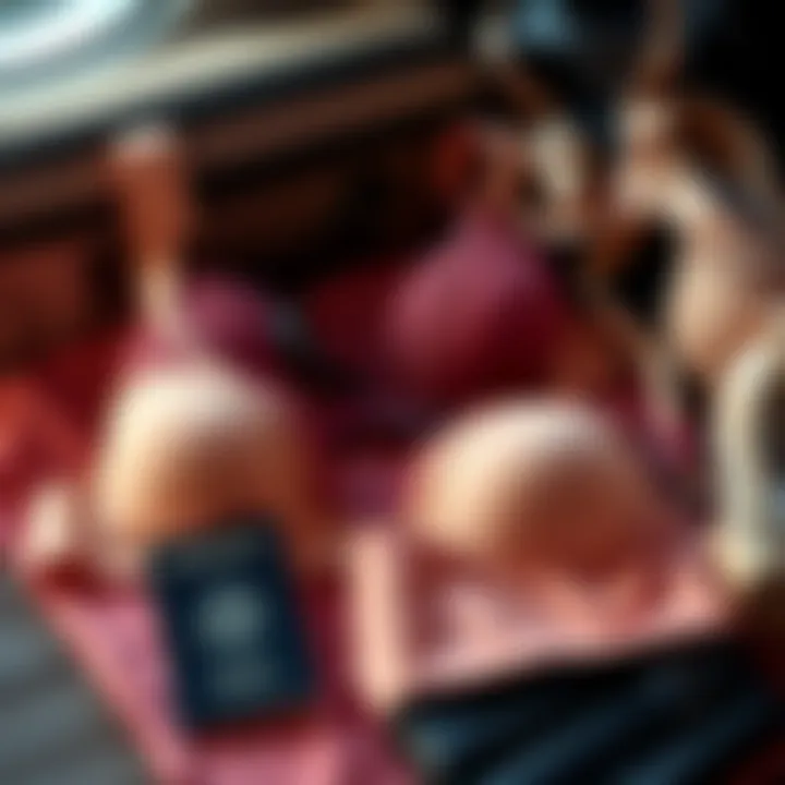 A selection of comfortable, wire-free bras suitable for long-distance travel, displayed with travel essentials like a suitcase and passport.