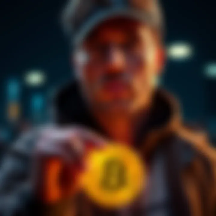 Commitment to Holding Bitcoin A person looking determined while holding a Bitcoin symbol, symbolizing long-term investment commitment.