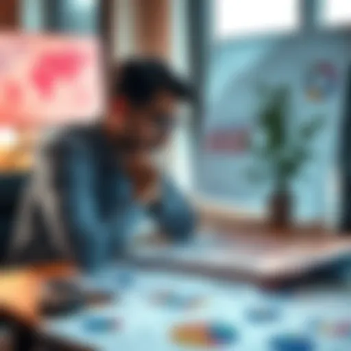 A person with a thoughtful expression looking at a project plan with charts and graphs spread out on a table, symbolizing long-term investment in a project.