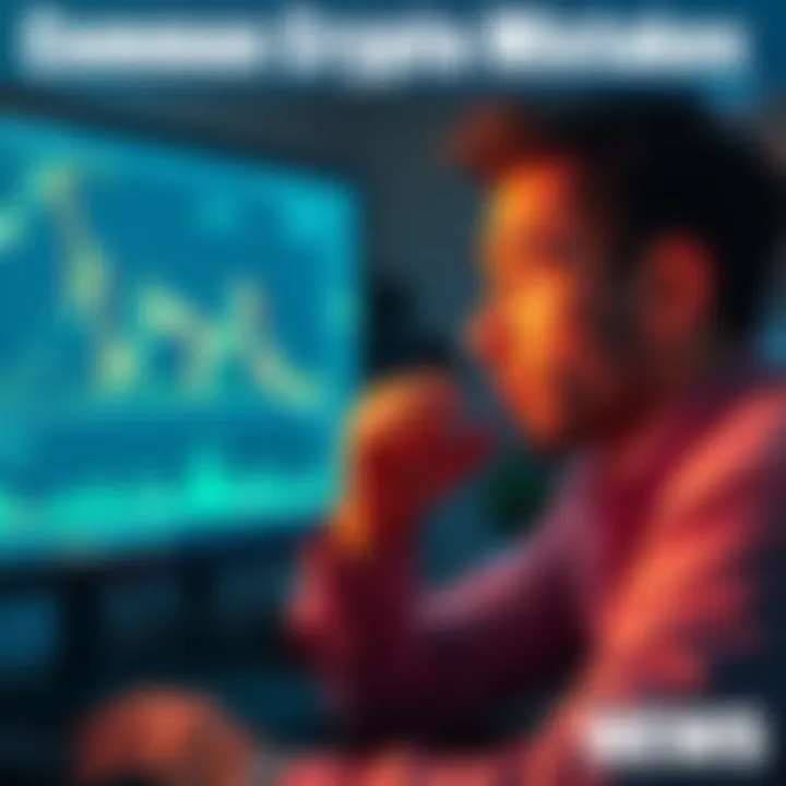 A worried person looking at a computer screen with cryptocurrency charts, reflecting on past trading mistakes.