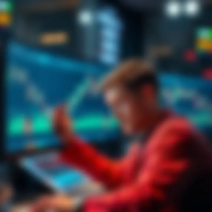 Common Trading Mistakes A trader looking frustrated at a computer screen showing fluctuating stock charts, symbolizing trading mistakes.