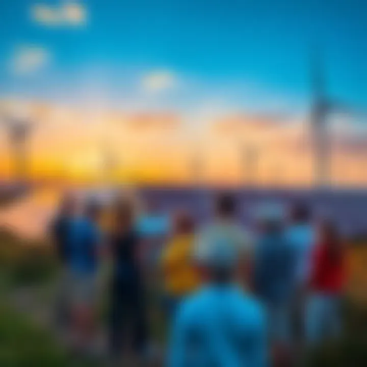 People gathered outdoors discussing solar panels and wind turbines in a community setting.