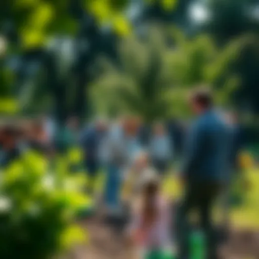 People participating in a local green initiative, planting trees and engaging in sustainability activities in a park