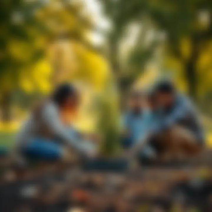 A group of people planting trees together in a park, promoting environmental conservation