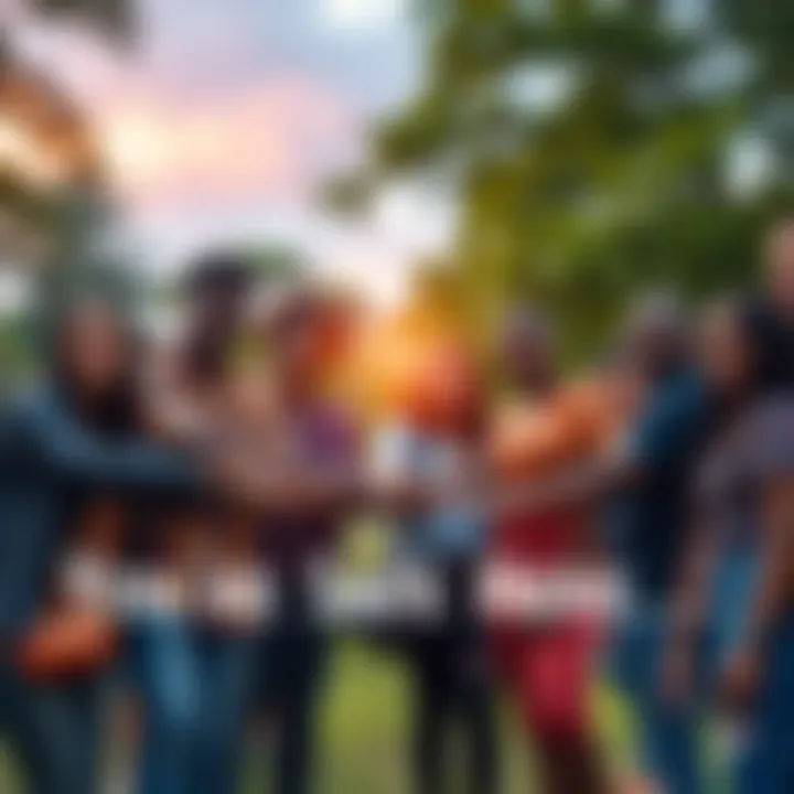 A diverse group of people standing together in a park, smiling and holding hands to symbolize unity and support in their community.