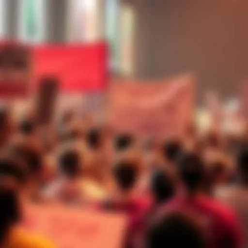 A diverse group of people gathering to discuss financial justice and community building efforts, holding signs and banners advocating for change.