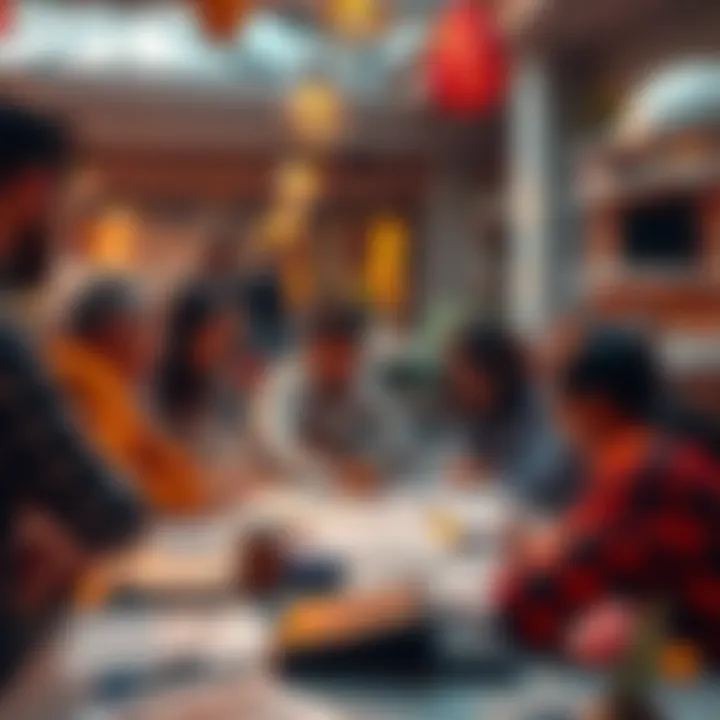 A diverse group of people brainstorming ideas for Kaspa, with notes and sketches on a table.