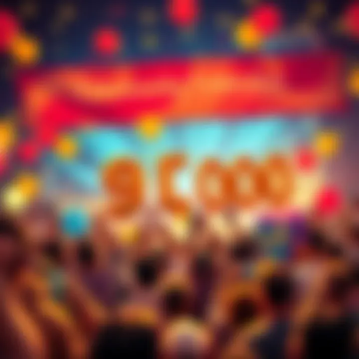 A joyful crowd celebrating a milestone of 91,000 with balloons and banners.