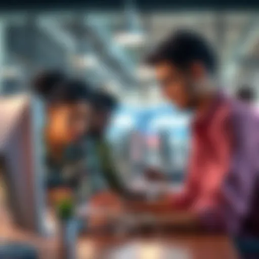 A diverse group of people working together on computers to improve an online platform, discussing strategies for better community experience.