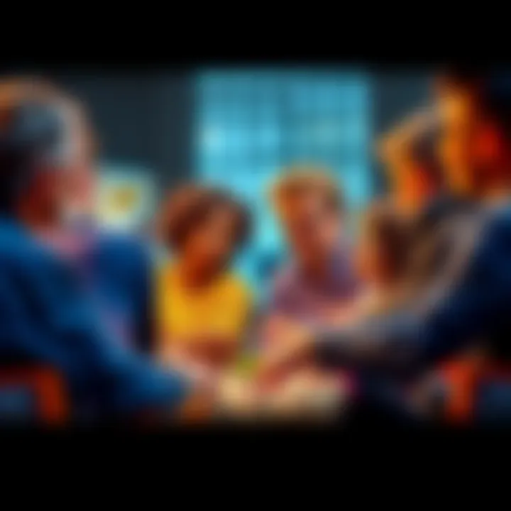 A group of diverse people engaged in a lively discussion, sharing thoughts and ideas.