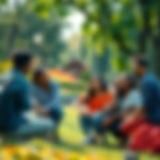 A diverse group of people engaging in a discussion in a park, sharing ideas and building connections.