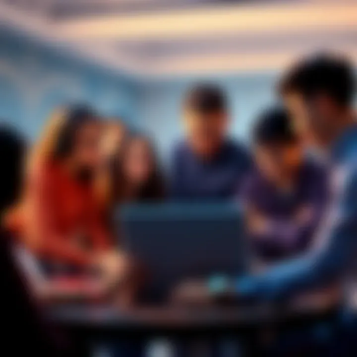 A group of people discussing over a laptop, expressing concerns about censorship in online forums.