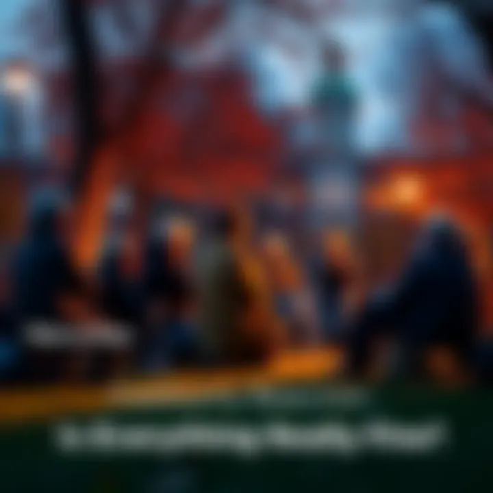 Residents gathered at a local park discussing the phrase 'This is fine' and its effects on their lives