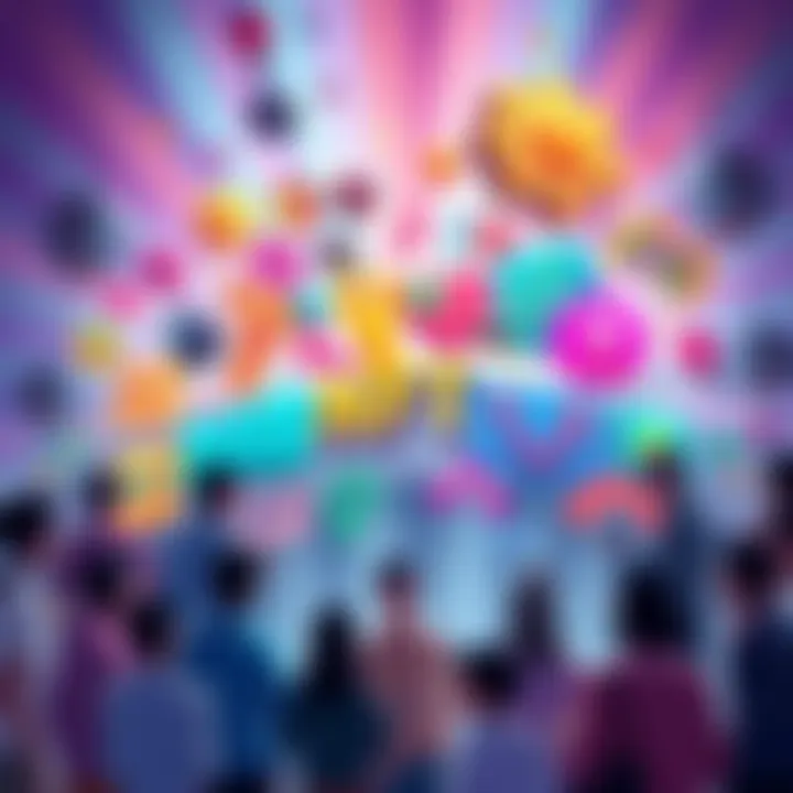 A colorful illustration of various NFT art pieces, surrounded by people discussing and sharing ideas. The atmosphere is vibrant and engaging, showcasing community involvement in NFTs.