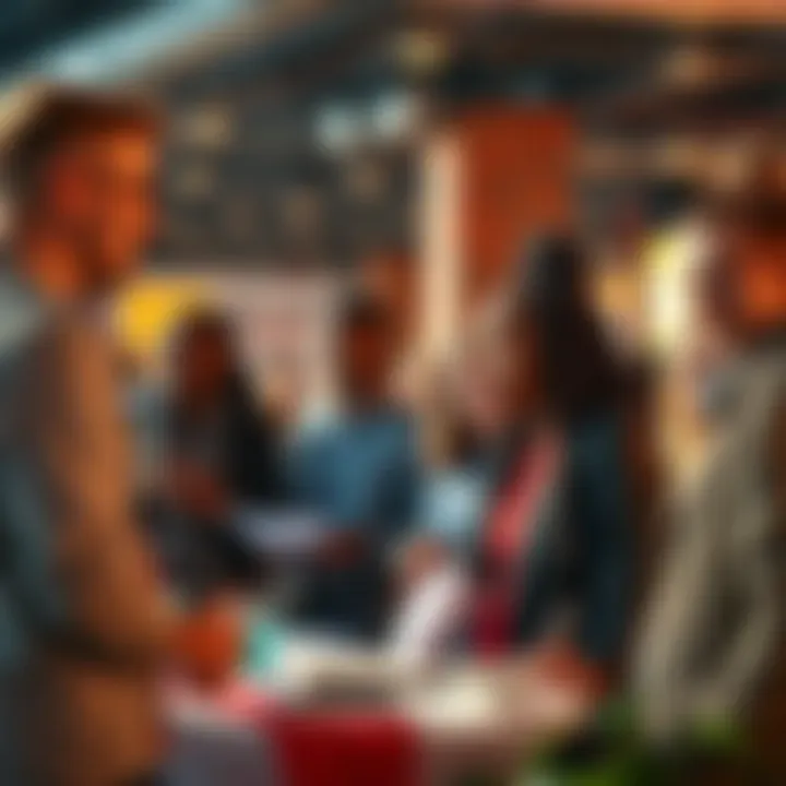 A diverse group of people discussing plans at a community event, highlighting collaboration and participation.