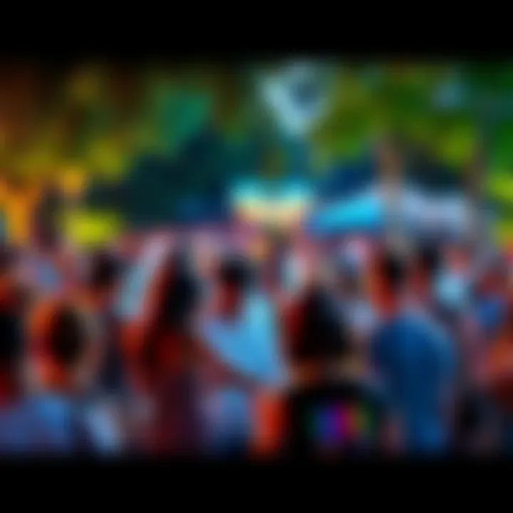 A diverse group of people gathered outdoors, participating in community activities and sharing ideas.