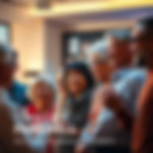 A group of people sharing memories and moments during a farewell event, with smiles and emotions visible on their faces.
