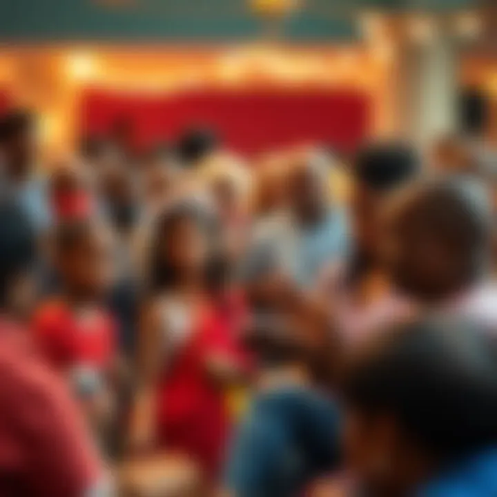 A group of diverse people gathered, sharing stories and celebrating a strong community message.