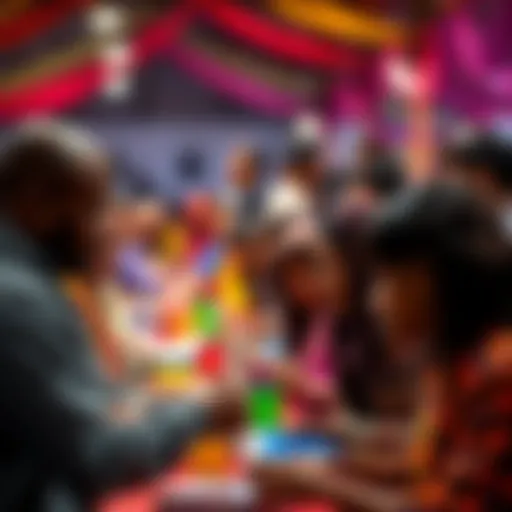 A diverse group of people engaged in activities at a community event in Kendu, showcasing teamwork and connection.