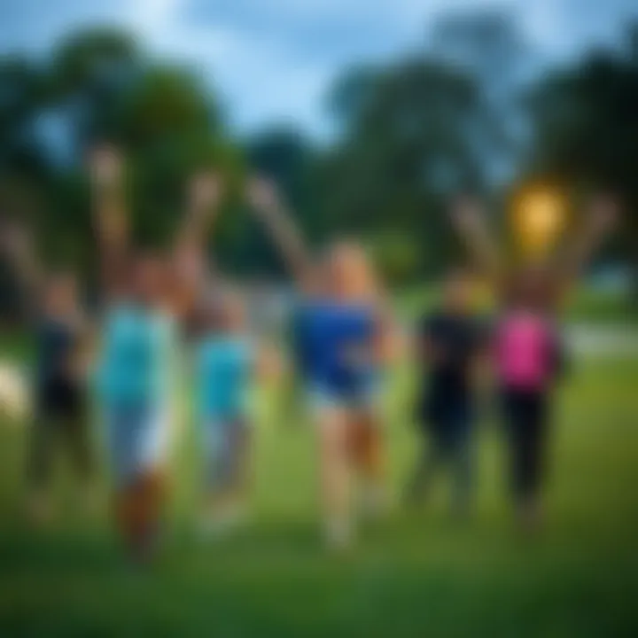 Community members enjoying outdoor activities A group of people exercising in a park, celebrating health and wellness together