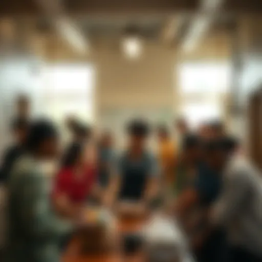 A group of people from different backgrounds working together to help each other in a community center, showcasing unity and resilience in 2026.