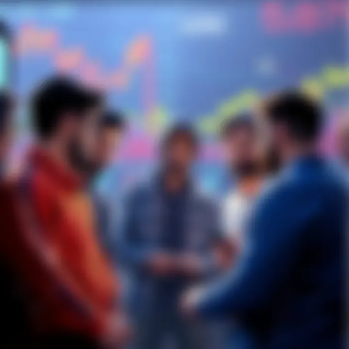 A group of people discussing cryptocurrency with charts and graphs in the background, showing the market's ups and downs.