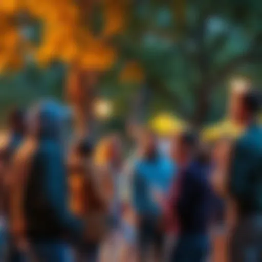 Community members discussing updates A group of people gathered in a park discussing recent events and their impact on the community after three days of uncertainty