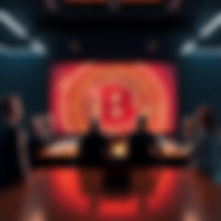 A group of business professionals discussing Bitcoin investment opportunities around a conference table with a large Bitcoin logo displayed on a screen.