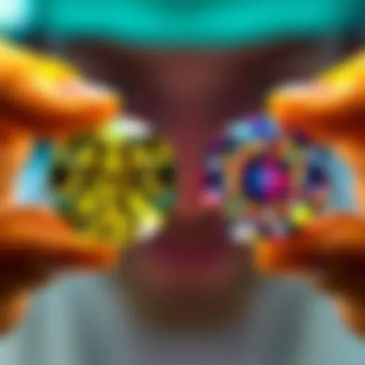 A jeweler showing a D color diamond and an F color diamond side by side, highlighting their differences in color and fluorescence