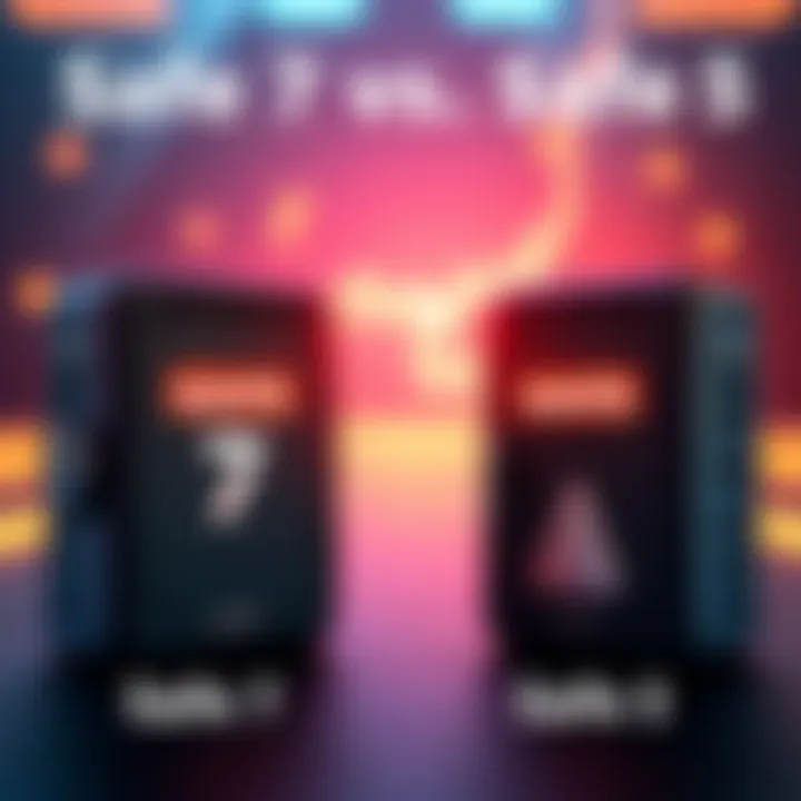 Two hardware wallets side by side, labeled Safe 7 and Safe 5, with features highlighted