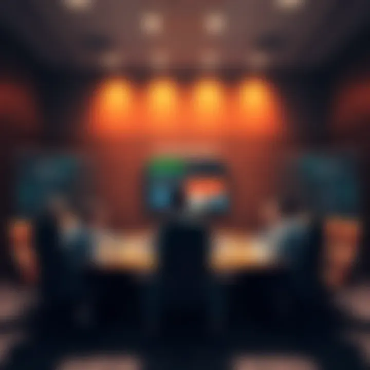 A large corporate team dominates a meeting room while a small startup team looks on worriedly from the side.