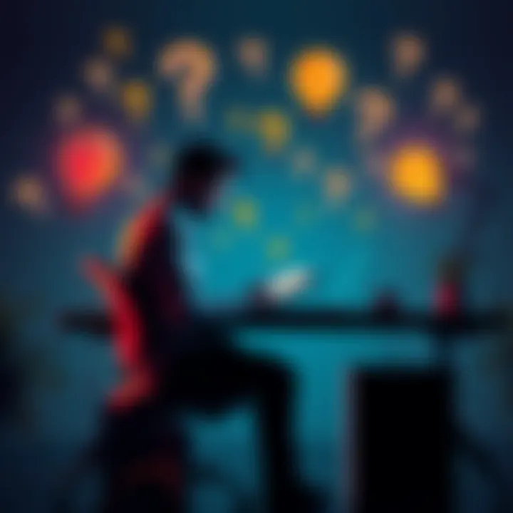 A person sitting at a desk, thinking about project ideas with a notebook and laptop, surrounded by question marks and lightbulbs to represent idea validation.