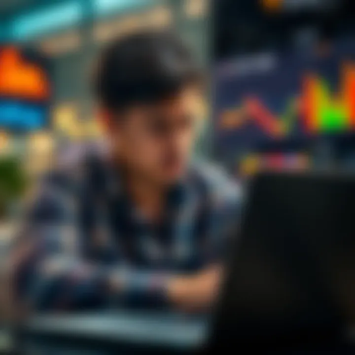 An investor looking worried while checking financial charts on a laptop, contemplating whether to withdraw funds after daily losses.