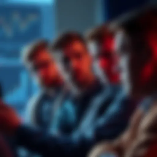 A group of people looking worried while discussing their investments in Kraken NFTs, with charts and graphs in the background.