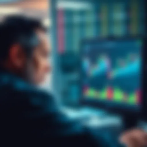 A man looks worried while analyzing market graphs on a computer screen, symbolizing market uncertainty.