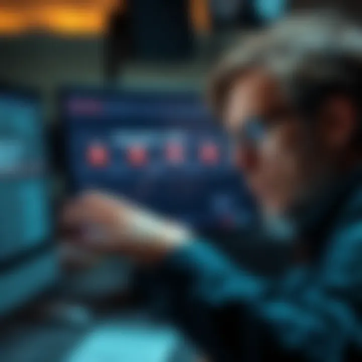 A person with a worried expression examining a computer screen displaying a recovery code warning message