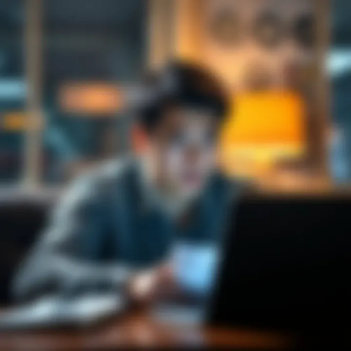 A worried individual looking at their bank account on a laptop, contemplating a possible scam.
