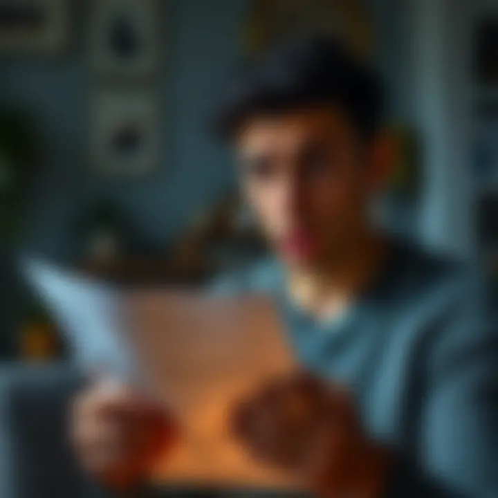 A person looks worried while reading a letter that may be a scam, with an expression of uncertainty on their face in a home setting.
