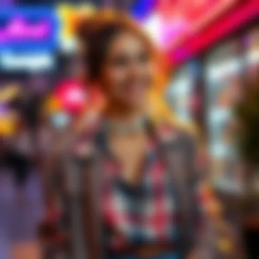 A woman smiling confidently in a trendy outfit, showcasing her personal style and radiating positive energy.