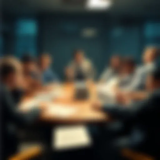 A group of people looking puzzled while discussing language and grammar at a round table with papers and notes scattered around