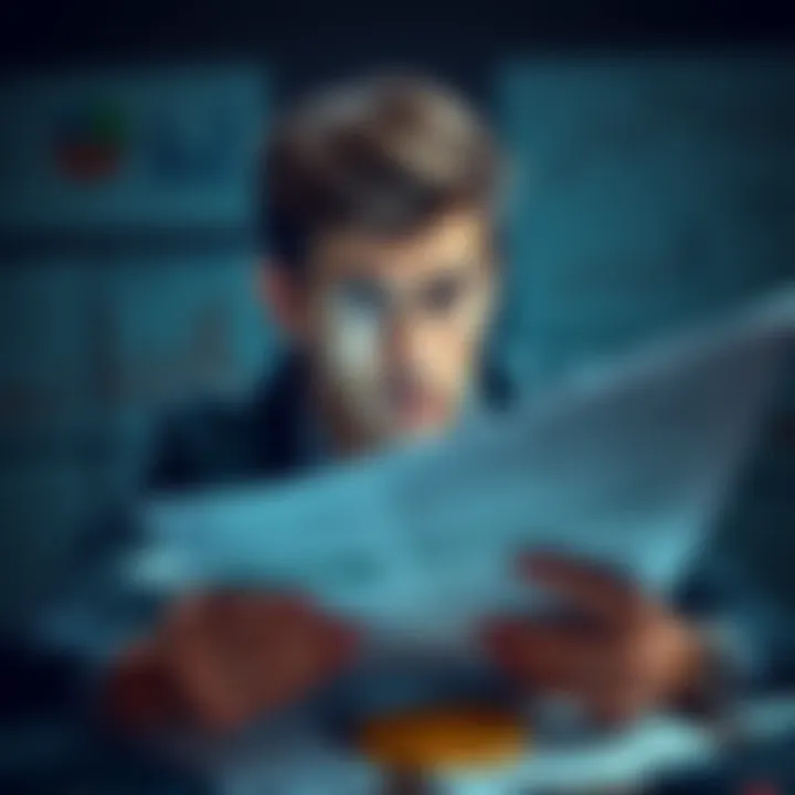 Confused person looking at Bitcoin tax documents A person holding Bitcoin tax forms with a worried expression, surrounded by charts and calculators