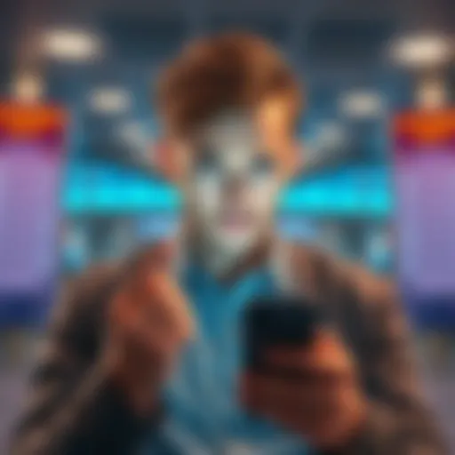 A person looking frustrated while using the Lounge Key app on their smartphone, surrounded by airport lounge signs